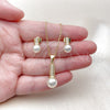 Oro Laminado Earring and Pendant Adult Set, Gold Filled Style Ball Design, with Ivory Pearl and White Micro Pave, Diamond Cutting Finish, Golden Finish, 10.156.0549