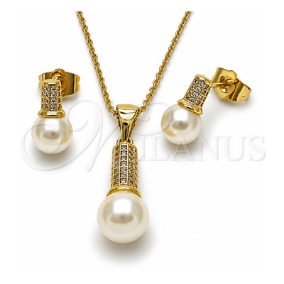 Oro Laminado Earring and Pendant Adult Set, Gold Filled Style Ball Design, with Ivory Pearl and White Micro Pave, Diamond Cutting Finish, Golden Finish, 10.156.0549