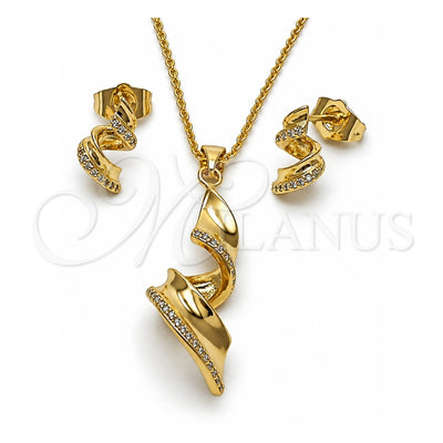 Oro Laminado Earring and Pendant Adult Set, Gold Filled Style Twist Design, with White Micro Pave, Polished, Golden Finish, 10.156.0550