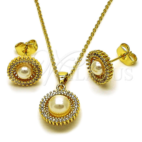 Oro Laminado Earring and Pendant Adult Set, Gold Filled Style Cluster and Ball Design, with White Micro Pave and Ivory Pearl, Polished, Golden Finish, 10.156.0551