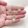 Oro Laminado Earring and Pendant Adult Set, Gold Filled Style Cluster and Ball Design, with White Micro Pave and Ivory Pearl, Polished, Golden Finish, 10.156.0551
