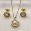 Oro Laminado Earring and Pendant Adult Set, Gold Filled Style Cluster and Ball Design, with White Micro Pave and Ivory Pearl, Polished, Golden Finish, 10.156.0551