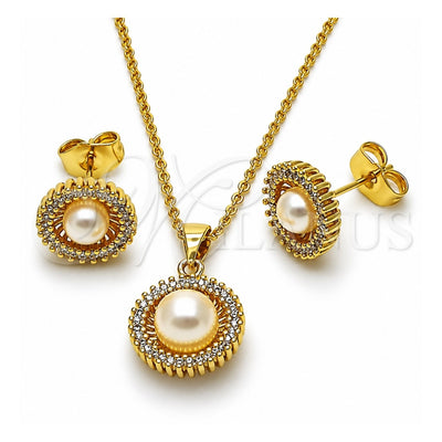 Oro Laminado Earring and Pendant Adult Set, Gold Filled Style Cluster and Ball Design, with White Micro Pave and Ivory Pearl, Polished, Golden Finish, 10.156.0551