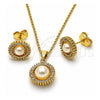 Oro Laminado Earring and Pendant Adult Set, Gold Filled Style Cluster and Ball Design, with White Micro Pave and Ivory Pearl, Polished, Golden Finish, 10.156.0551