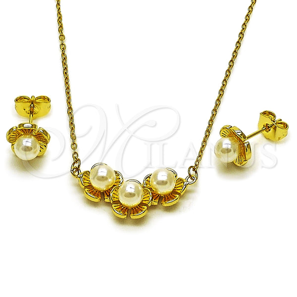 Oro Laminado Earring and Pendant Adult Set, Gold Filled Style Flower Design, with Ivory Pearl, Diamond Cutting Finish, Golden Finish, 10.156.0552