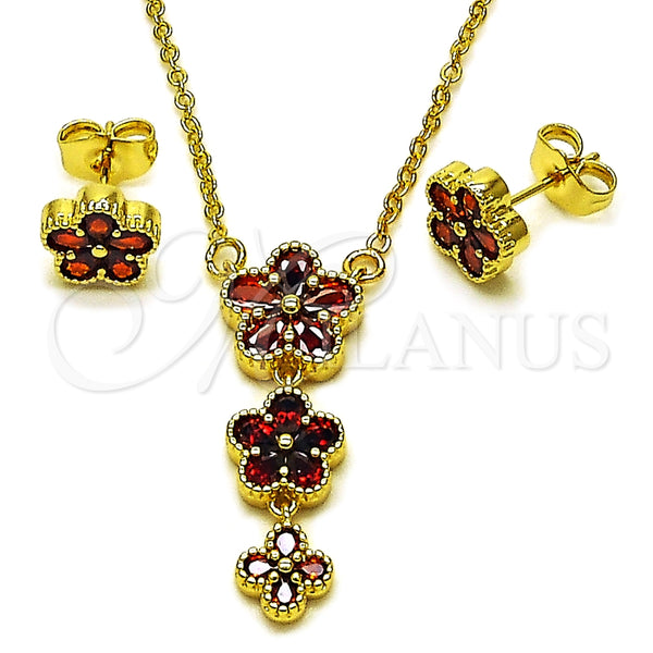 Oro Laminado Earring and Pendant Adult Set, Gold Filled Style Flower Design, with Garnet Cubic Zirconia, Polished, Golden Finish, 10.156.0553