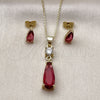 Oro Laminado Earring and Pendant Adult Set, Gold Filled Style Teardrop Design, with Ruby and White Cubic Zirconia, Polished, Golden Finish, 10.156.0554