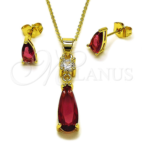 Oro Laminado Earring and Pendant Adult Set, Gold Filled Style Teardrop Design, with Ruby and White Cubic Zirconia, Polished, Golden Finish, 10.156.0554