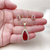 Oro Laminado Earring and Pendant Adult Set, Gold Filled Style Teardrop and Cluster Design, with Ruby and White Cubic Zirconia, Polished, Golden Finish, 10.156.0556
