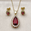 Oro Laminado Earring and Pendant Adult Set, Gold Filled Style Teardrop and Cluster Design, with Ruby and White Cubic Zirconia, Polished, Golden Finish, 10.156.0556
