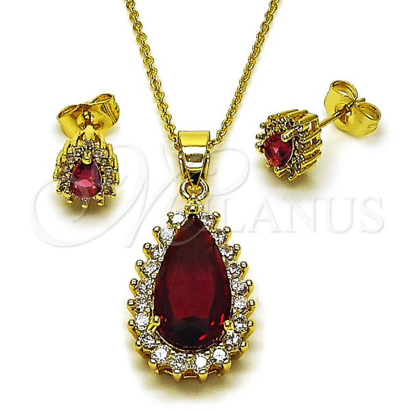 Oro Laminado Earring and Pendant Adult Set, Gold Filled Style Teardrop and Cluster Design, with Ruby and White Cubic Zirconia, Polished, Golden Finish, 10.156.0556