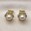 Oro Laminado Stud Earring, Gold Filled Style Flower and Cluster Design, with Ivory Pearl and White Micro Pave, Polished, Golden Finish, 02.156.0736