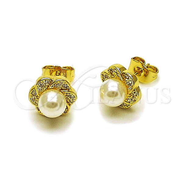 Oro Laminado Stud Earring, Gold Filled Style Flower and Cluster Design, with Ivory Pearl and White Micro Pave, Polished, Golden Finish, 02.156.0736