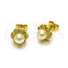 Oro Laminado Stud Earring, Gold Filled Style Flower and Cluster Design, with Ivory Pearl and White Micro Pave, Polished, Golden Finish, 02.156.0736