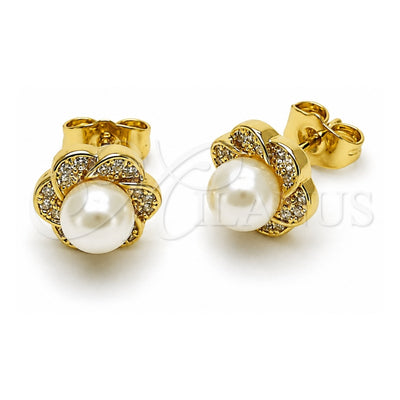 Oro Laminado Stud Earring, Gold Filled Style Flower and Cluster Design, with Ivory Pearl and White Micro Pave, Polished, Golden Finish, 02.156.0736