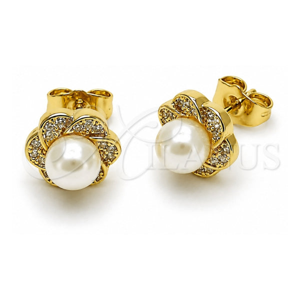 Oro Laminado Stud Earring, Gold Filled Style Flower and Cluster Design, with Ivory Pearl and White Micro Pave, Polished, Golden Finish, 02.156.0736
