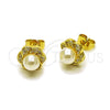 Oro Laminado Stud Earring, Gold Filled Style Flower and Cluster Design, with Ivory Pearl and White Micro Pave, Polished, Golden Finish, 02.156.0736