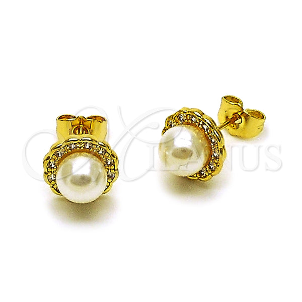 Oro Laminado Stud Earring, Gold Filled Style Flower and Cluster Design, with Ivory Pearl and White Cubic Zirconia, Polished, Golden Finish, 02.156.0737