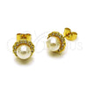 Oro Laminado Stud Earring, Gold Filled Style Flower and Cluster Design, with Ivory Pearl and White Cubic Zirconia, Polished, Golden Finish, 02.156.0737