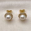 Oro Laminado Stud Earring, Gold Filled Style Flower and Cluster Design, with Ivory Pearl and White Cubic Zirconia, Polished, Golden Finish, 02.156.0737