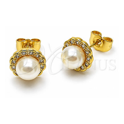 Oro Laminado Stud Earring, Gold Filled Style Flower and Cluster Design, with Ivory Pearl and White Cubic Zirconia, Polished, Golden Finish, 02.156.0737