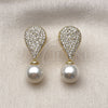 Oro Laminado Stud Earring, Gold Filled Style Teardrop Design, with Ivory Pearl and White Micro Pave, Polished, Golden Finish, 02.156.0738