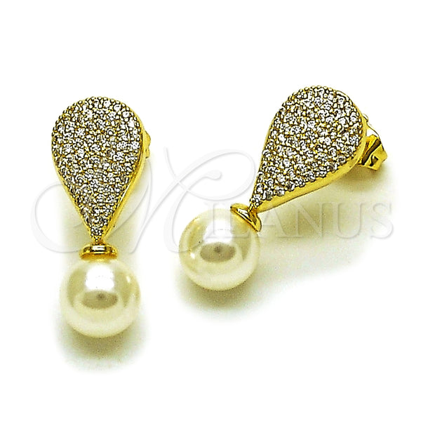 Oro Laminado Stud Earring, Gold Filled Style Teardrop Design, with Ivory Pearl and White Micro Pave, Polished, Golden Finish, 02.156.0738