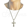 Oro Laminado Religious Pendant, Gold Filled Style Crucifix and Baguette Design, with White Cubic Zirconia and White Micro Pave, Polished, Golden Finish, 05.253.0206