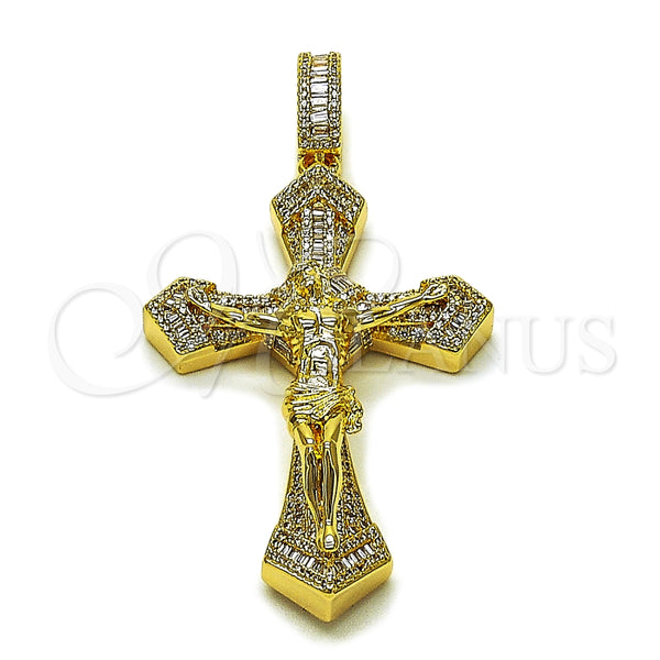 Oro Laminado Religious Pendant, Gold Filled Style Crucifix and Baguette Design, with White Cubic Zirconia and White Micro Pave, Polished, Golden Finish, 05.253.0206