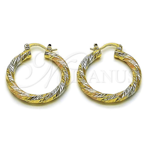Oro Laminado Medium Hoop, Gold Filled Style Twist Design, Diamond Cutting Finish, Tricolor, 02.170.0567.1.30