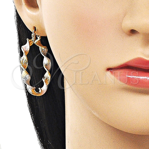 Gold Filled Hoop Earrings — Medium Hoop Twist Design Matte Tricolor 02. — alternate product view — SKU 162631 | Oro Laminado aretes de aro — Medium Hoop Twist diseño Matte Tricolor 02. — SKU 162631