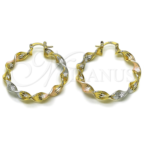 Gold Filled Hoop Earrings — Medium Hoop Twist Design Matte Tricolor 02. — main product view — SKU 162631 | Oro Laminado aretes de aro — Medium Hoop Twist diseño Matte Tricolor 02. — SKU 162631