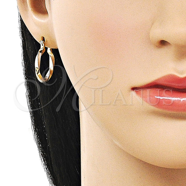 Gold Filled Hoop Earrings — Small Hoop Twist Design Polished Tricolor 02. — alternate product view — SKU 162654 | Oro Laminado aretes de aro — aro pequeño Twist diseño pulido Tricolor 02. — SKU 162654