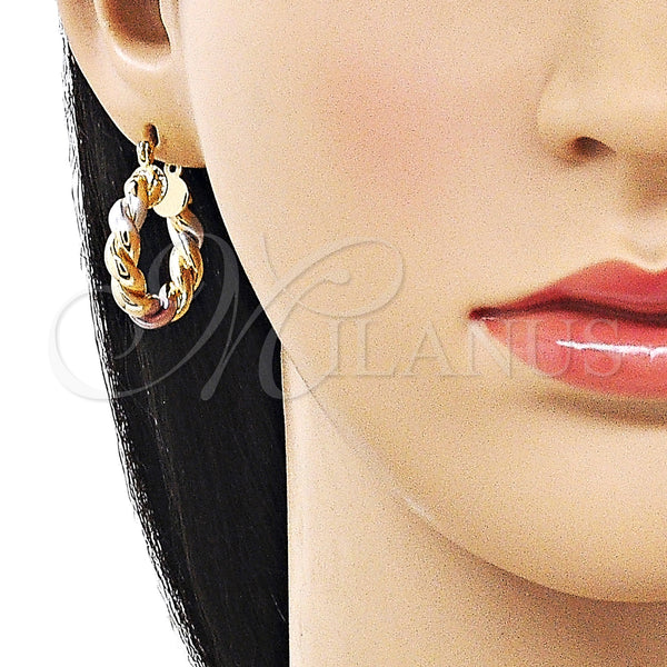 Gold Filled Hoop Earrings — Small Hoop Twist and Hollow Design Polished Tricolor — alternate product view — SKU 162661 | Oro Laminado aretes de aro — aro pequeño Twist and Hollow diseño pulido Tricolor — SKU 162661
