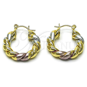 Gold Filled Hoop Earrings — Small Hoop Twist and Hollow Design Polished Tricolor — main product view — SKU 162661 | Oro Laminado aretes de aro — aro pequeño Twist and Hollow diseño pulido Tricolor — SKU 162661