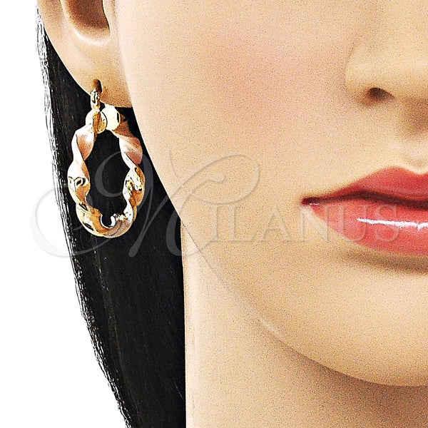 Gold Filled Hoop Earrings — Medium Hoop Twist and Hollow Design Polished Tricolor — alternate product view — SKU 162663 | Oro Laminado aretes de aro — Medium Hoop Twist and Hollow diseño pulido Tricolor — SKU 162663