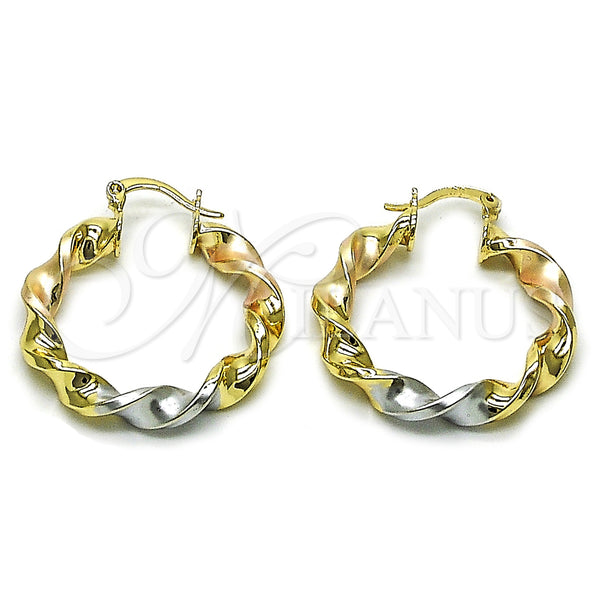 Gold Filled Hoop Earrings — Medium Hoop Twist and Hollow Design Polished Tricolor — main product view — SKU 162663 | Oro Laminado aretes de aro — Medium Hoop Twist and Hollow diseño pulido Tricolor — SKU 162663