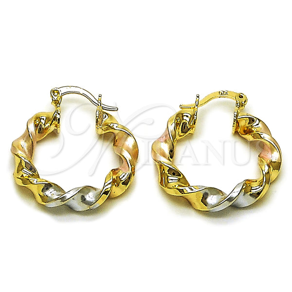 Gold Filled Hoop Earrings — Medium Hoop Twist and Hollow Design Polished Tricolor — main product view — SKU 162664 | Oro Laminado aretes de aro — Medium Hoop Twist and Hollow diseño pulido Tricolor — SKU 162664