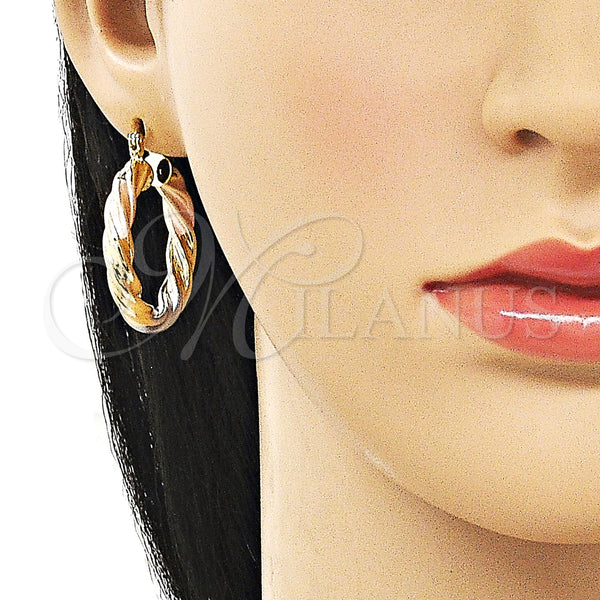 Gold Filled Hoop Earrings — Medium Hoop Twist and Hollow Design Polished Tricolor — alternate product view — SKU 162666 | Oro Laminado aretes de aro — Medium Hoop Twist and Hollow diseño pulido Tricolor — SKU 162666