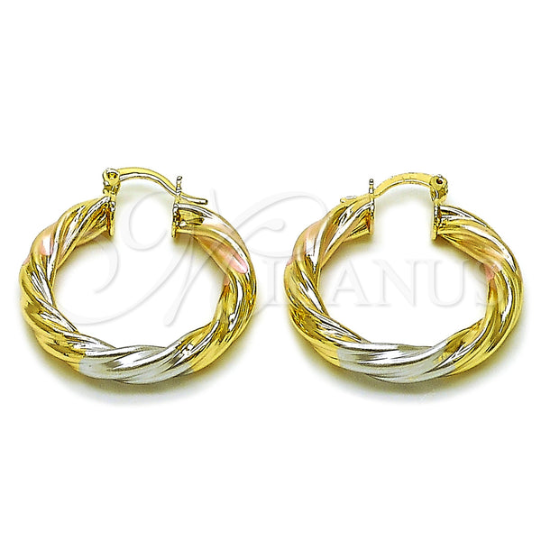 Gold Filled Hoop Earrings — Medium Hoop Twist and Hollow Design Polished Tricolor — main product view — SKU 162666 | Oro Laminado aretes de aro — Medium Hoop Twist and Hollow diseño pulido Tricolor — SKU 162666