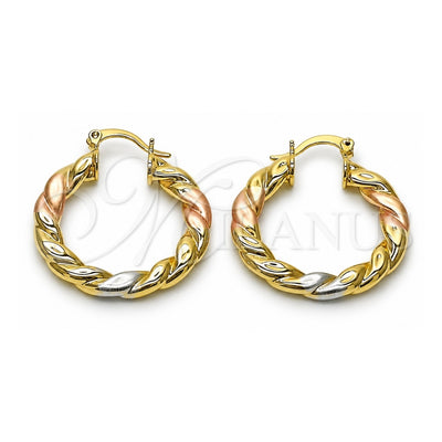 Oro Laminado Medium Hoop, Gold Filled Style Twist and Hollow Design, Polished, Tricolor, 02.170.0555.1.30
