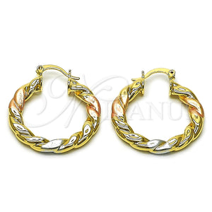Gold Filled Hoop Earrings — Medium Hoop Twist and Hollow Design Polished Tricolor — main product view — SKU 162672 | Oro Laminado aretes de aro — Medium Hoop Twist and Hollow diseño pulido Tricolor — SKU 162672