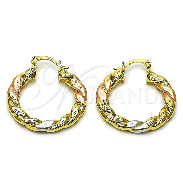 Gold Filled Hoop Earrings — Medium Hoop Twist and Hollow Design Polished Tricolor — main product view — SKU 162672 | Oro Laminado aretes de aro — Medium Hoop Twist and Hollow diseño pulido Tricolor — SKU 162672