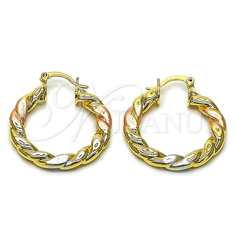 Oro Laminado Medium Hoop, Gold Filled Style Twist and Hollow Design, Polished, Tricolor, 02.170.0555.1.30