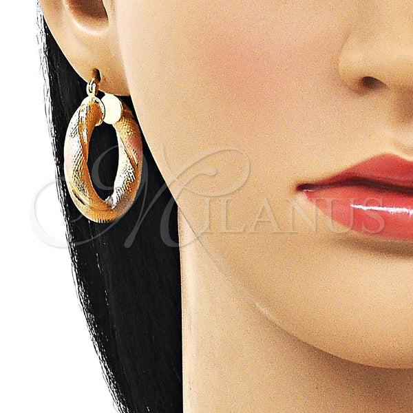Gold Filled Hoop Earrings — Medium Hoop Hollow and Twist Design Matte Tricolor — alternate product view — SKU 162673 | Oro Laminado aretes de aro — Medium Hoop Hollow and Twist diseño Matte Tricolor — SKU 162673