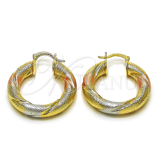 Gold Filled Hoop Earrings — Medium Hoop Hollow and Twist Design Matte Tricolor — main product view — SKU 162673 | Oro Laminado aretes de aro — Medium Hoop Hollow and Twist diseño Matte Tricolor — SKU 162673
