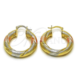 Gold Filled Hoop Earrings — Medium Hoop Hollow and Twist Design Matte Tricolor — main product view — SKU 162673 | Oro Laminado aretes de aro — Medium Hoop Hollow and Twist diseño Matte Tricolor — SKU 162673