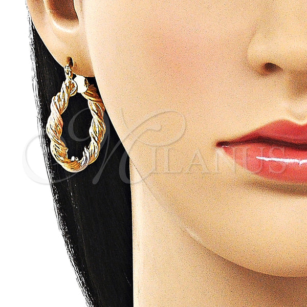 Gold Filled Hoop Earrings — Medium Hoop Twist and Hollow Design Polished Tricolor — alternate product view — SKU 162676 | Oro Laminado aretes de aro — Medium Hoop Twist and Hollow diseño pulido Tricolor — SKU 162676