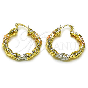 Gold Filled Hoop Earrings — Medium Hoop Twist and Hollow Design Polished Tricolor — main product view — SKU 162676 | Oro Laminado aretes de aro — Medium Hoop Twist and Hollow diseño pulido Tricolor — SKU 162676