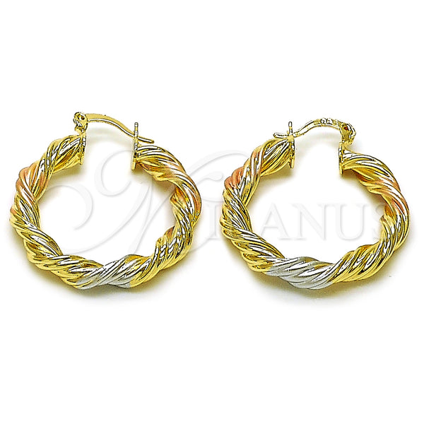 Gold Filled Hoop Earrings — Medium Hoop Twist and Hollow Design Polished Tricolor — main product view — SKU 162676 | Oro Laminado aretes de aro — Medium Hoop Twist and Hollow diseño pulido Tricolor — SKU 162676